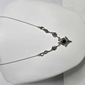Vintage Sterling Silver Black Onyx Marcasite Necklace Teardrop Pendant 925
